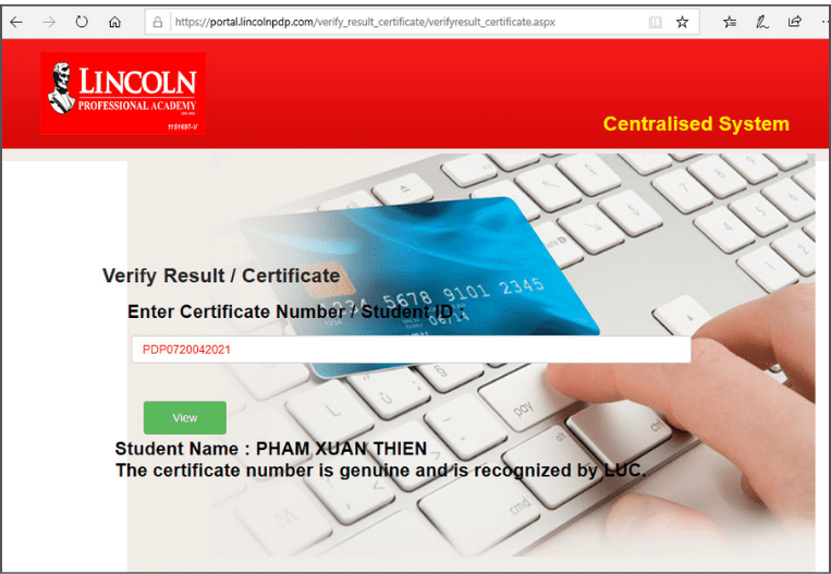 Kết quả tra code trên hệ thống website Đại học Lincoln (nhập mã code chứng chỉ)